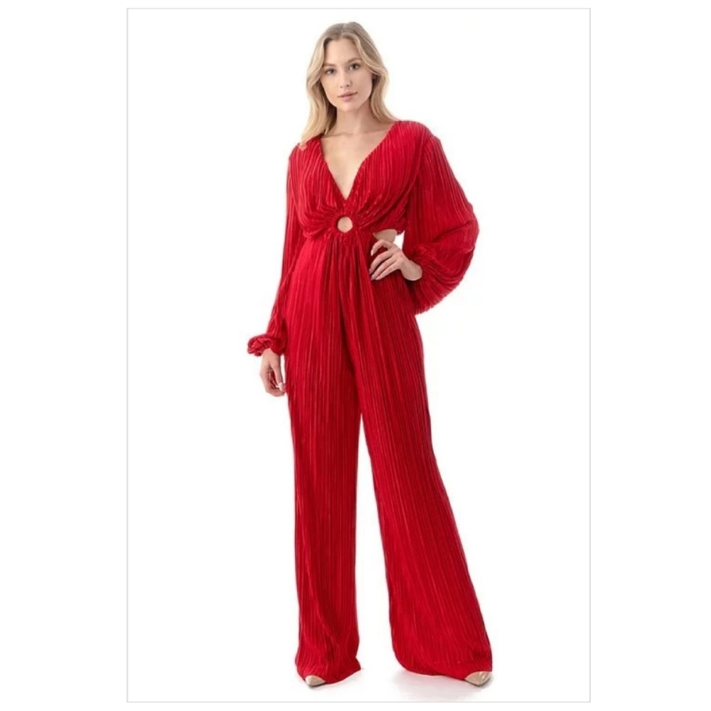 JUST IN! Pleated Long Sleeved Red Jumpsuit